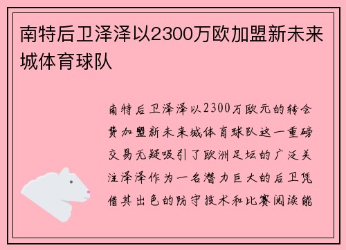 南特后卫泽泽以2300万欧加盟新未来城体育球队
