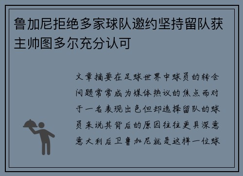鲁加尼拒绝多家球队邀约坚持留队获主帅图多尔充分认可