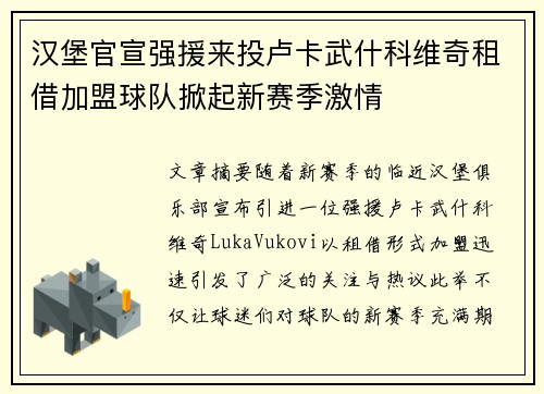 汉堡官宣强援来投卢卡武什科维奇租借加盟球队掀起新赛季激情