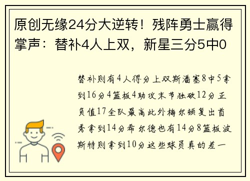 原创无缘24分大逆转！残阵勇士赢得掌声：替补4人上双，新星三分5中0